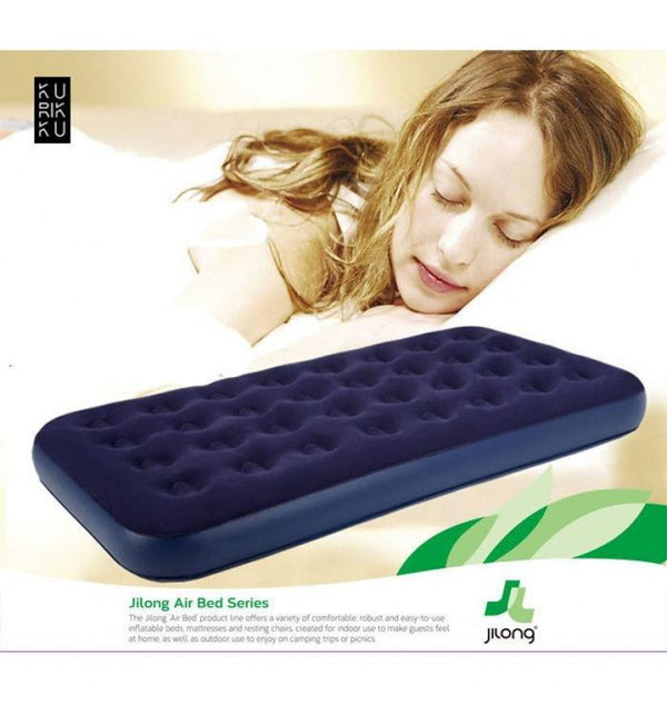 <p> 
This Jilong Flocked Coil Beam Blue Twin Inflatable Mattress is a perfect addition to your home. Its durable and waterproof material makes it perfect for both indoor and outdoor use. It is made from heavy-duty PVC and suede fabric for stability and comfort, and it is designed to be low-vibration and anti-seismic. It is easy to use and quick to setup, and a convenient drain plug allows for easy storage and transport. The extra large and thick design ensures that it is not easily damaged and can hold up t