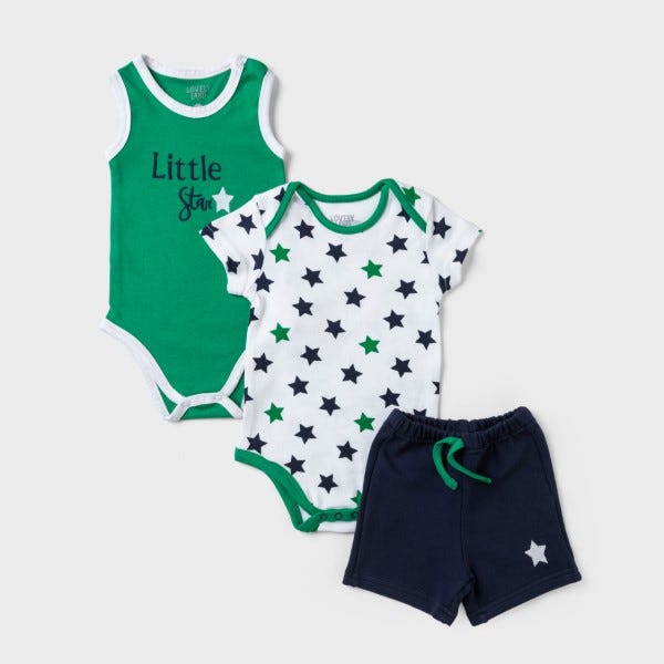 Lovely Land Little Star Striped Onesies and Shorts - 3 Pieces