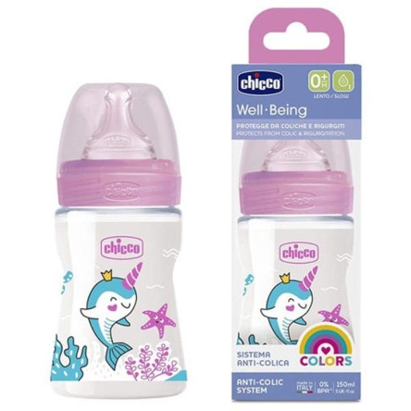 Chicco Well Being Slow Flow Feeding Bottle +0 Months | 150ml | Pink