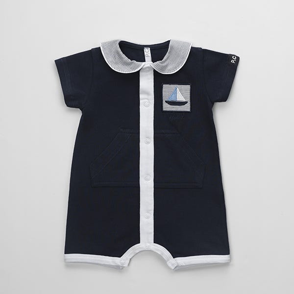 Pompelo Navy Boys Short Sleeves Overalls with Collar