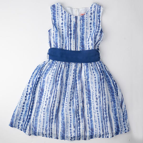 Pompelo Navy Blue Patterned Zipped Sleeveless Dress for Girls
