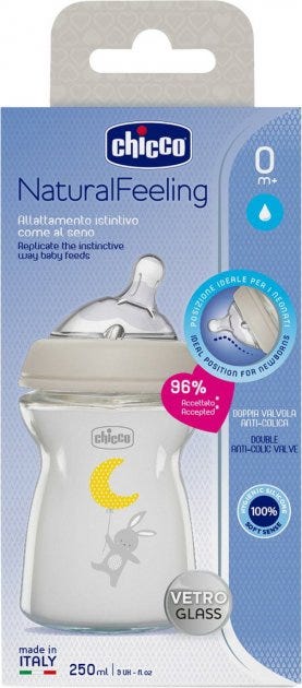Chicco Natural Feeling Glass Bottle 0 Month | Grey | 250ml