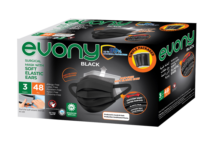 Evony Flexible Tip Medical Mask with Soft Elastic Ears - 48 Pieces - Black