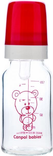 Canpol Babies Bear Glass Baby Bottle, 3+ Months,120 ml - Red