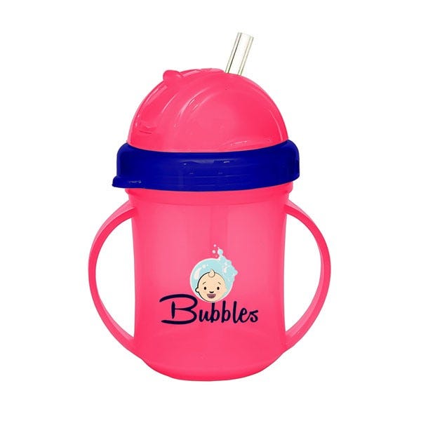 Bubbles Baby Cup with Silicone Straw and Handles|Pink