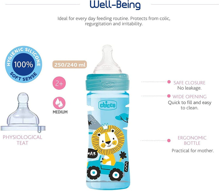 Chicco Well Being Medium Flow Silicone Bottle | 250ml | Blue