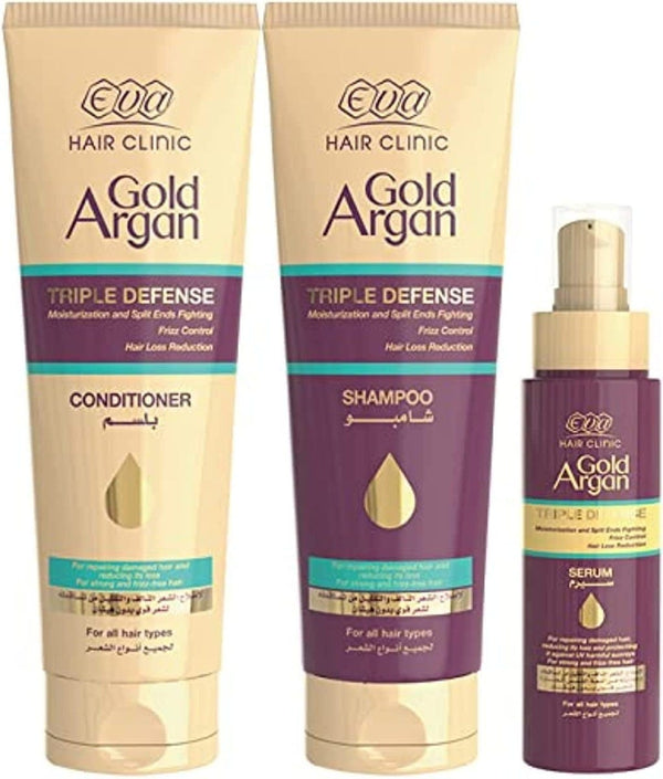 Eva Hair Clinic Gold Argan Shampoo 230ml Free + Conditioner 230ml + Serum 100ml