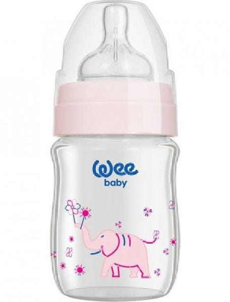 Wee Baby Pink Elephant Glass Feeding Bottle, 120 ml - Pink