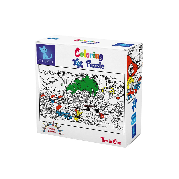 Cute Cat 2-in-1 Smurfs Coloring Puzzle with 6 Markers - 20 Pieces