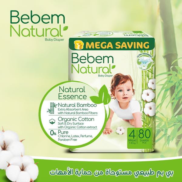 Bebem Natural Size 4 Maxi Baby Diapers Jumbo | 7-18KG | 80 Diapers