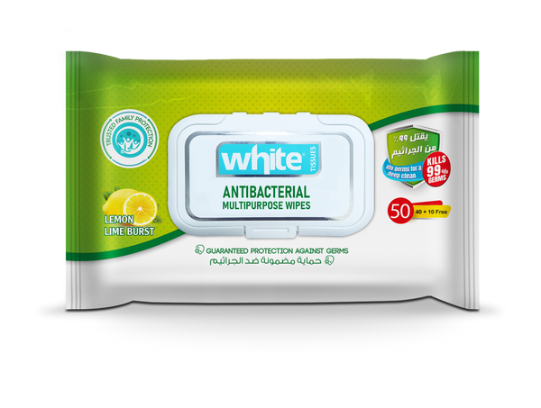 White Antibacterial Multi-Purpose Wipes - 50 Wipes