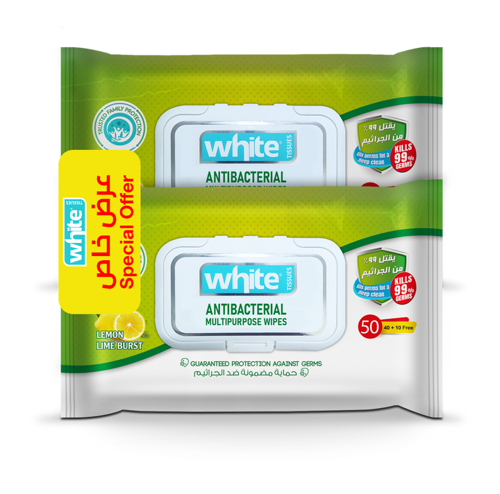 White Antibacterial Multipurpose Wipes - 2 Packs - 100 Wipes