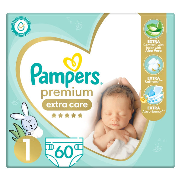 Pampers Premium Extra Care Size 1 Diapers - 2-5 KG - 60 Diapers