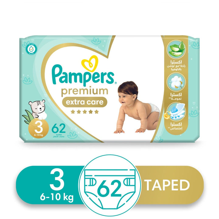 Pampers Premium Extra Care Diapers - Size 3 - 62 Diapers