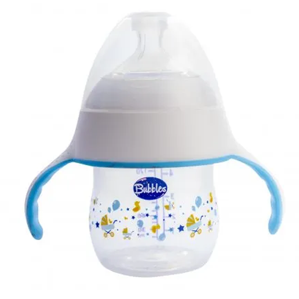 Bubbles Natural Baby Feeding Bottle with Handles, 150 ml - Blue