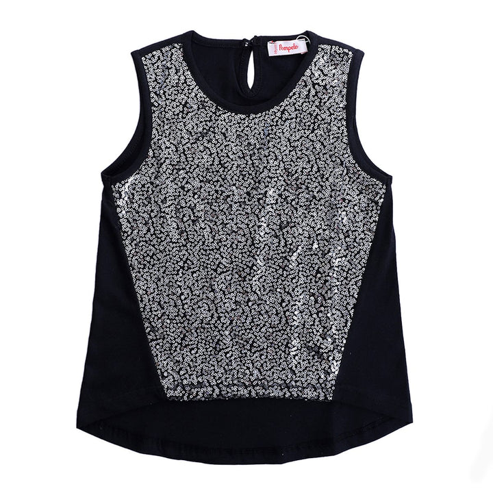 Pompelo Shiny Sequins Sleeveless Black Top for Girls