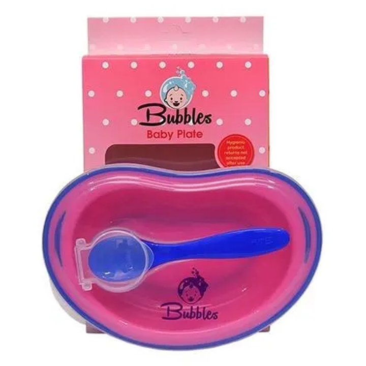 Bubbles Baby Plate with Spoon and Cover - Pink and Blue
