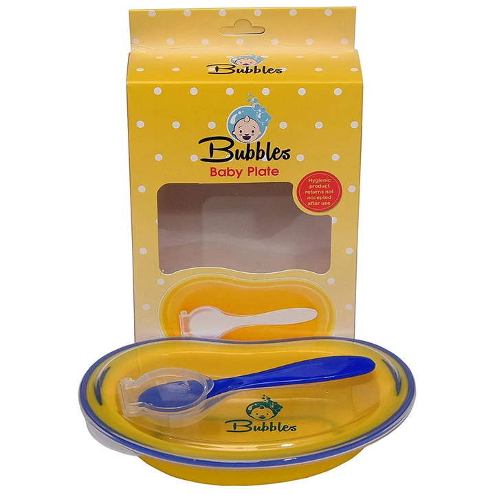 Bubbles Baby Plate with Spoon and Cover - Blue and Yellow