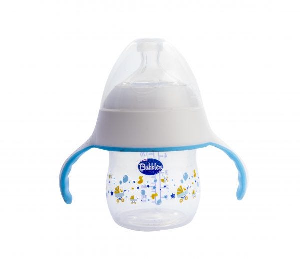 Bubbles Natural Baby Feeding Bottle with Handles, 150 ml - Blue