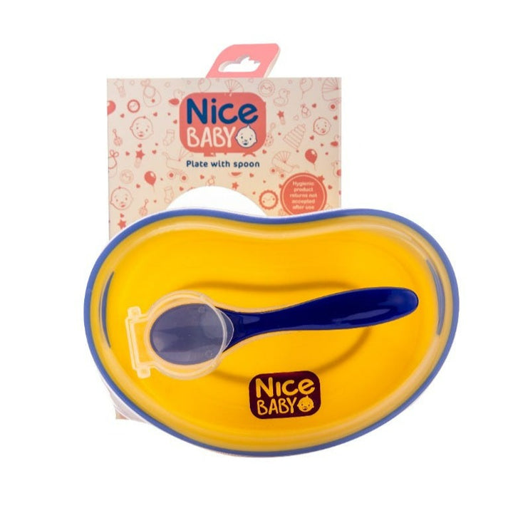 Nice Baby Plate with Spoon and Cover | Yellow & Blue